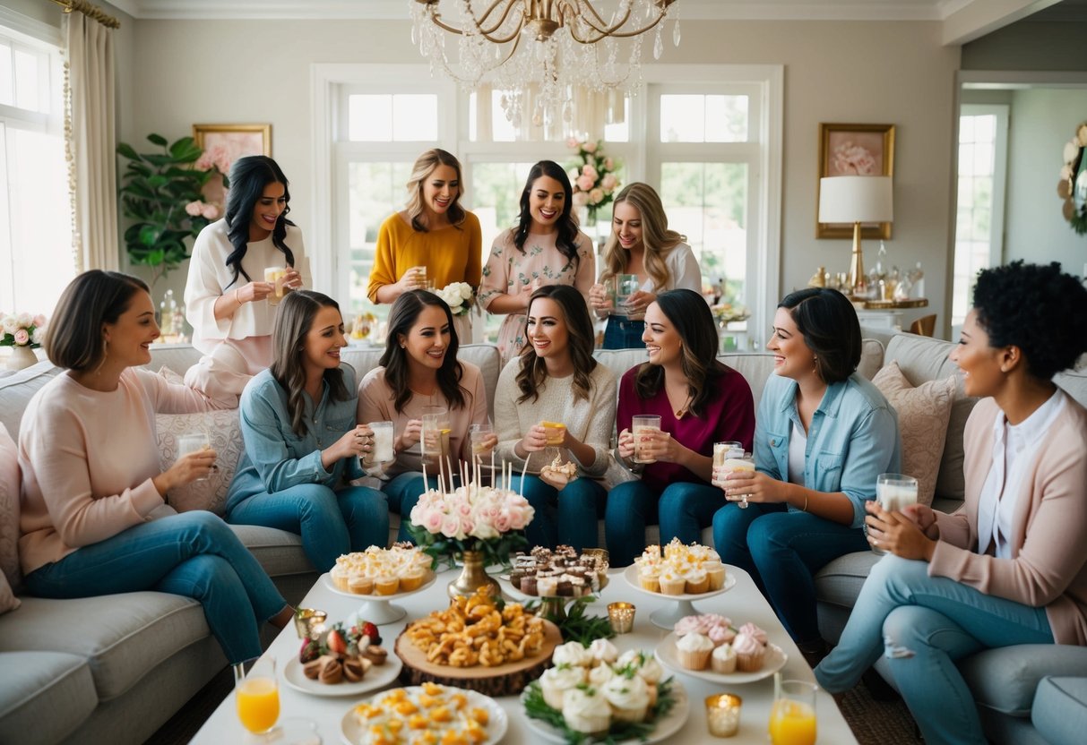A group of friends gather in a cozy living room, surrounded by elegant decorations and a table full of delicious treats and drinks, as they plan the perfect bridal shower for their dear friend