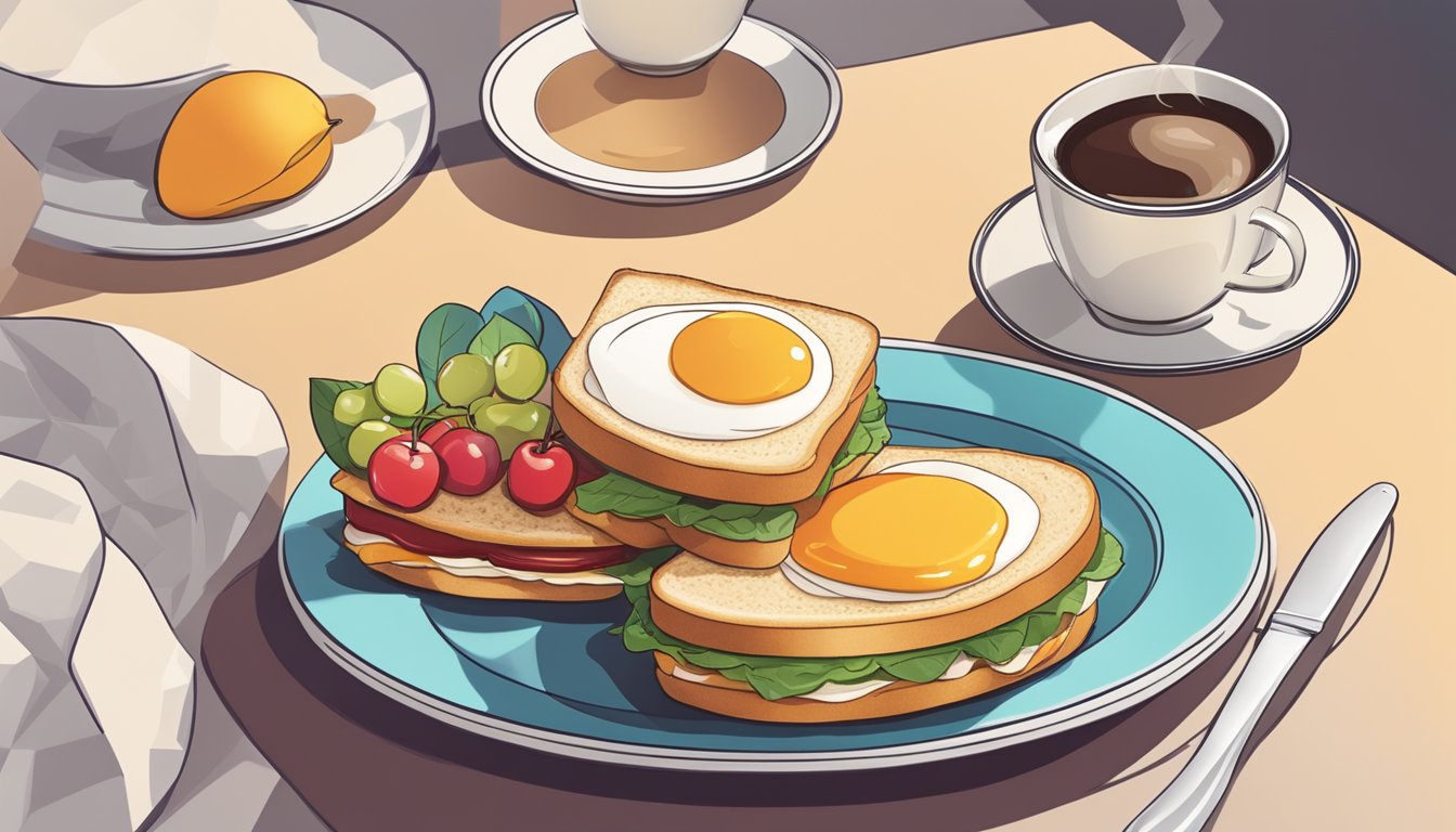 A breakfast sandwich sits on a plate next to a cup of coffee and a side of fruit