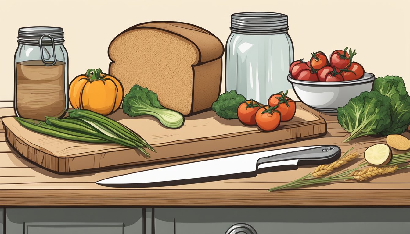 A kitchen counter with a cutting board, knife, fresh vegetables, whole grain bread, and a jar of spread