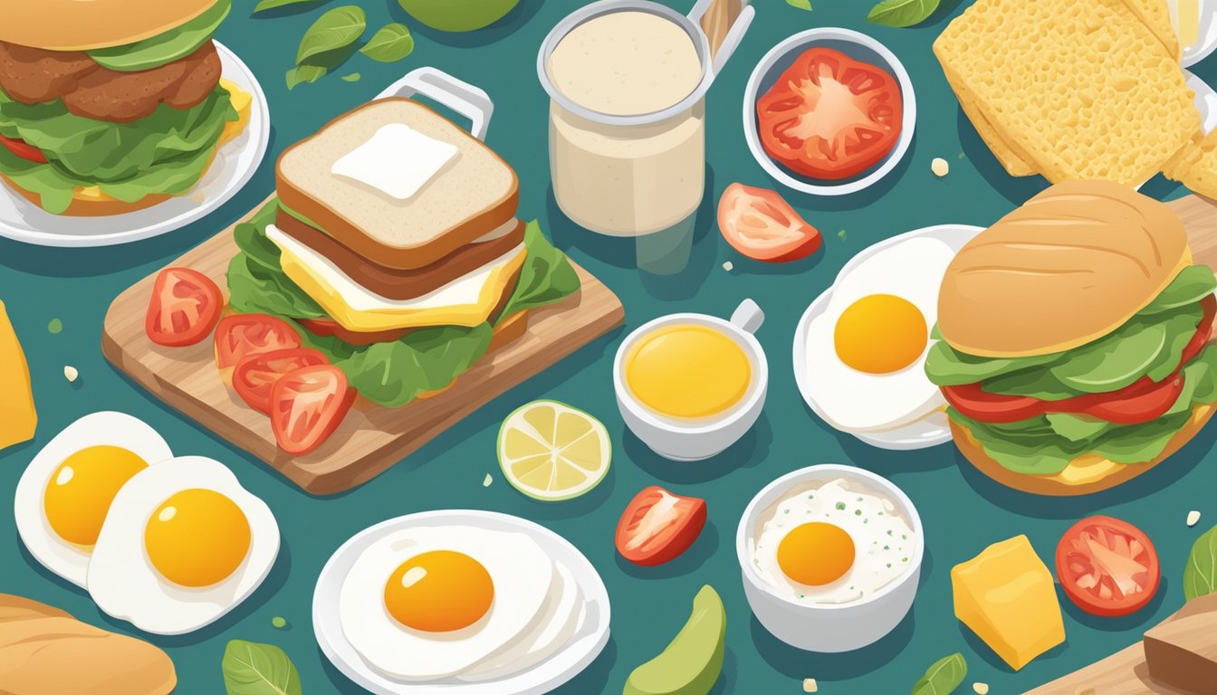 A breakfast sandwich surrounded by fresh ingredients and a nutritional guide