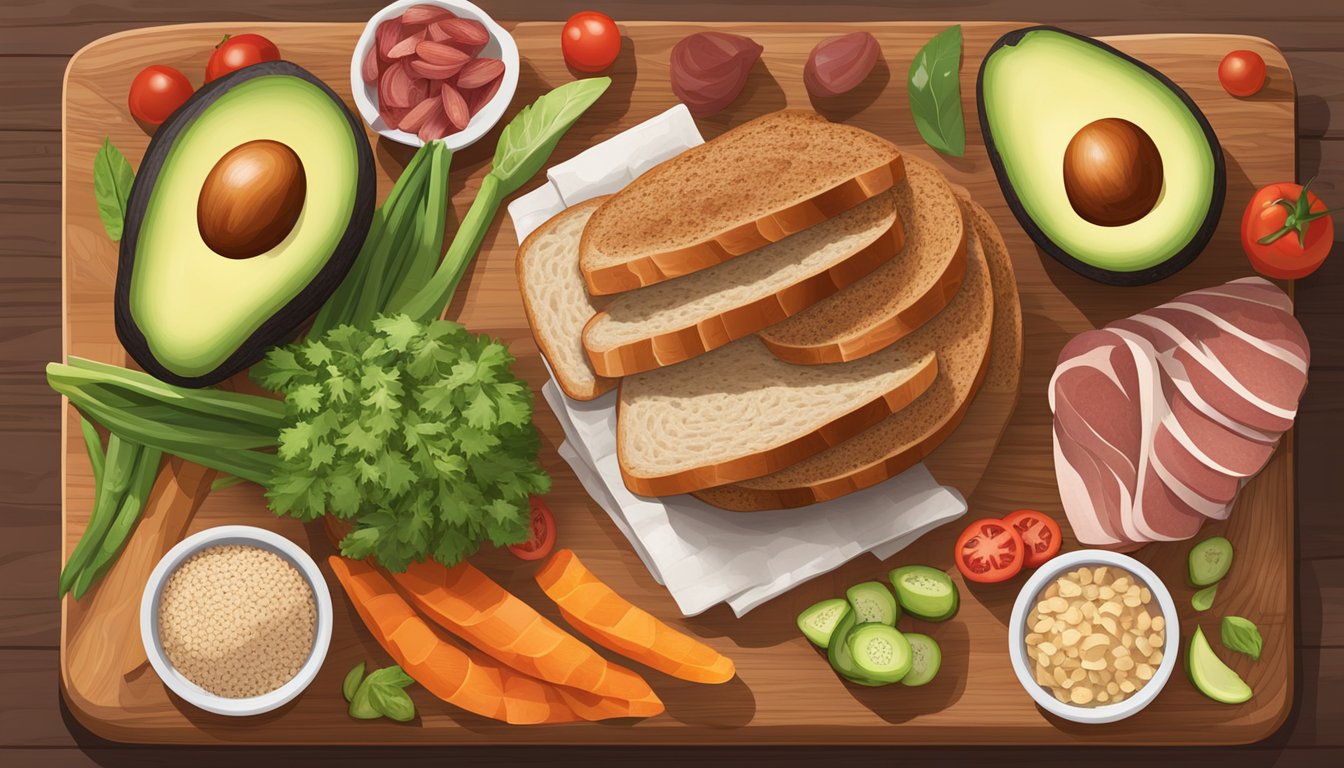 A colorful array of fresh ingredients arranged on a wooden cutting board, including whole grain bread, avocado slices, turkey bacon, and vibrant vegetables