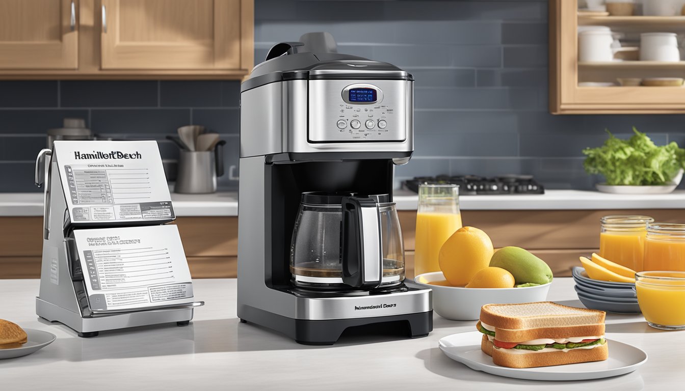 A bright kitchen counter with a Hamilton Beach sandwich breakfast maker, surrounded by warranty and support information pamphlets