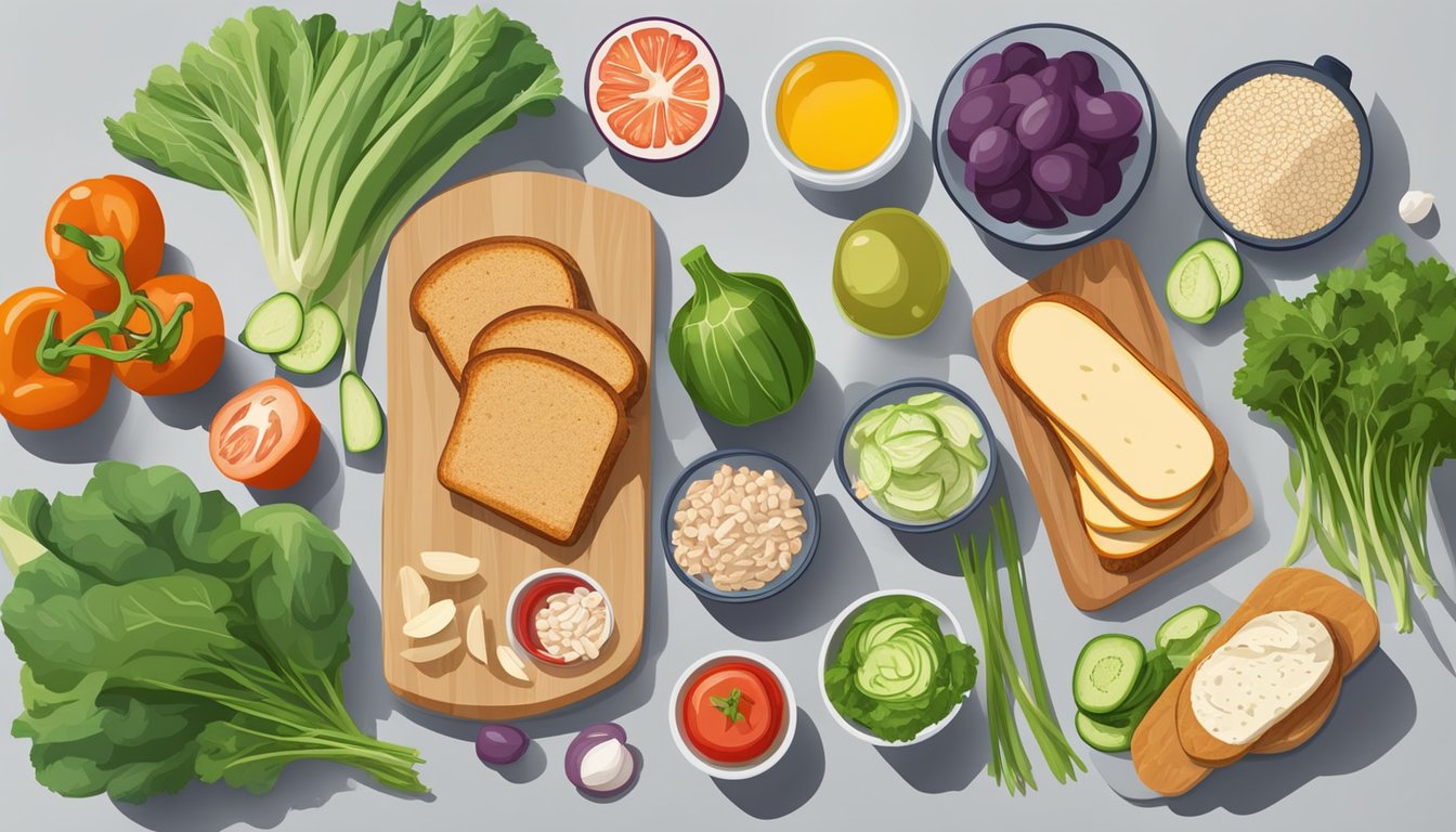 A colorful array of fresh vegetables, whole grain bread, and lean protein options spread out on a kitchen counter for assembling a healthy sandwich breakfast