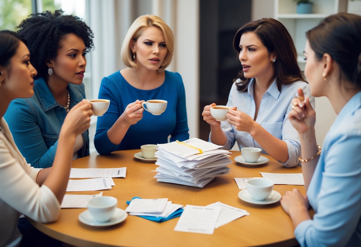A group of women gathered around a table, sipping tea and exchanging heated words, while a stack of bills and receipts sits in the center
