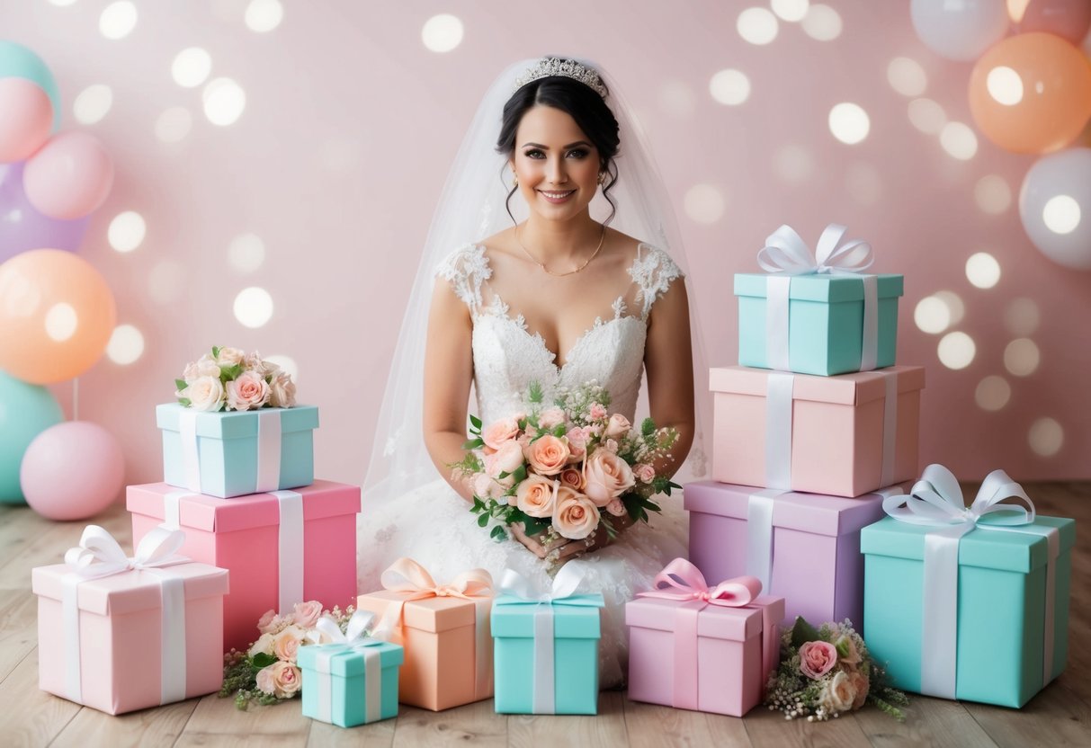 A bride surrounded by pastel-colored gifts and flowers at her bridal shower