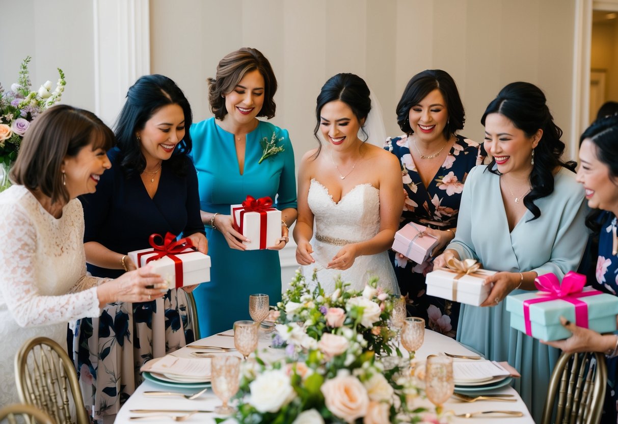 A group of women gathered around a table adorned with floral centerpieces and delicate china. A bride-to-be is opening gifts while guests chat and laugh