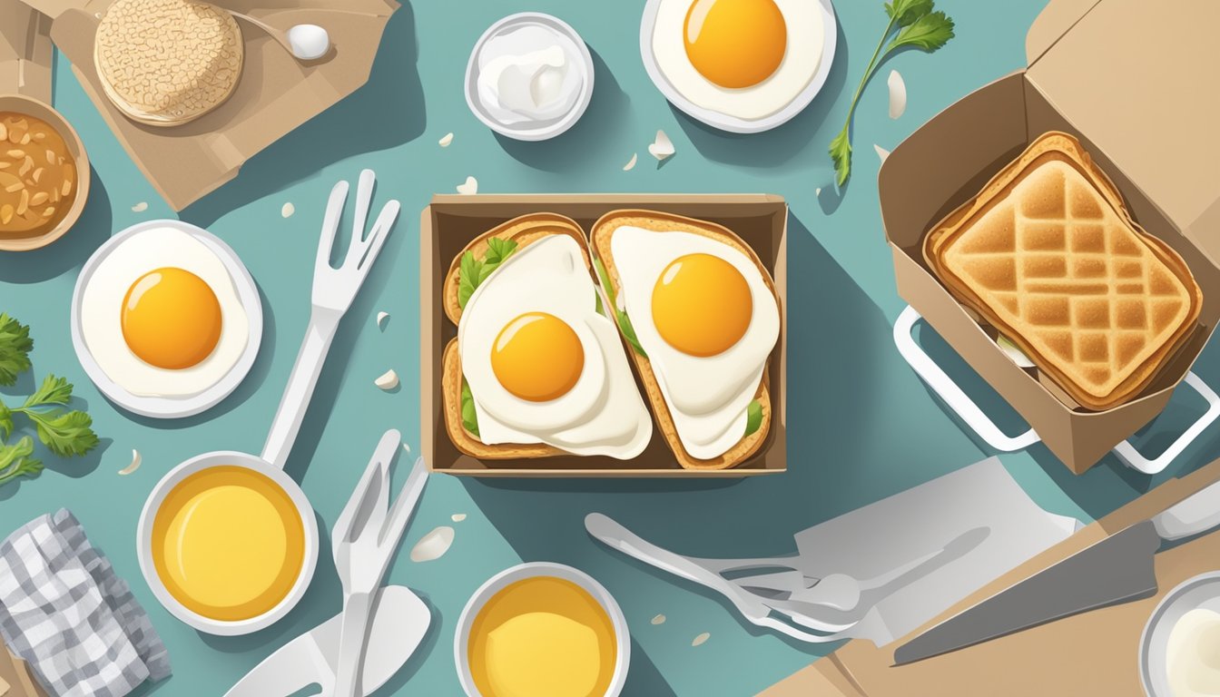 A breakfast sandwich box surrounded by scattered cooking utensils and a nutritional information label