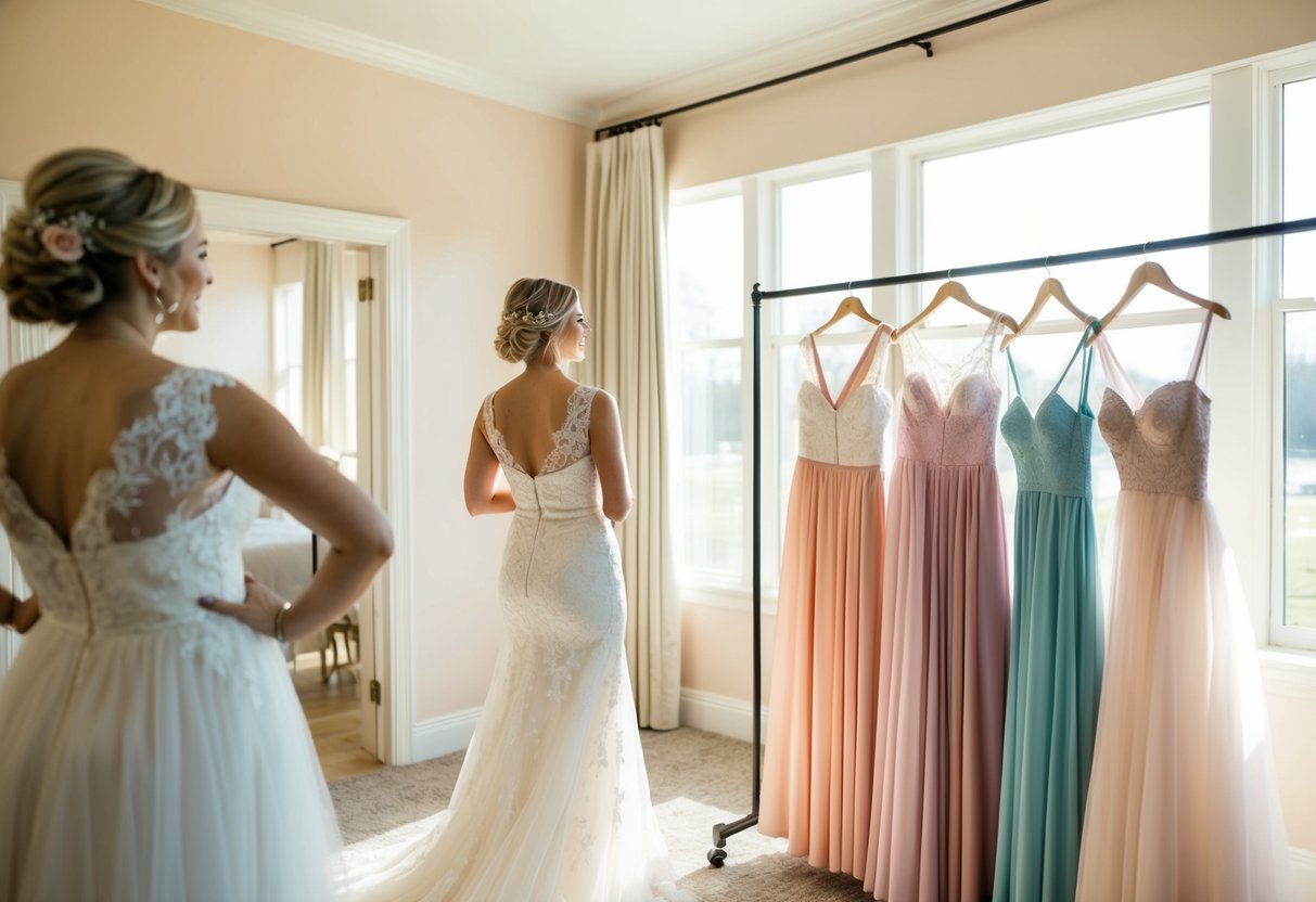 A bride stands in front of a rack of dresses, contemplating which color to choose for her bridal shower. The room is filled with pastel and neutral tones, and the sunlight streams in through a large window, casting a warm glow over the scene