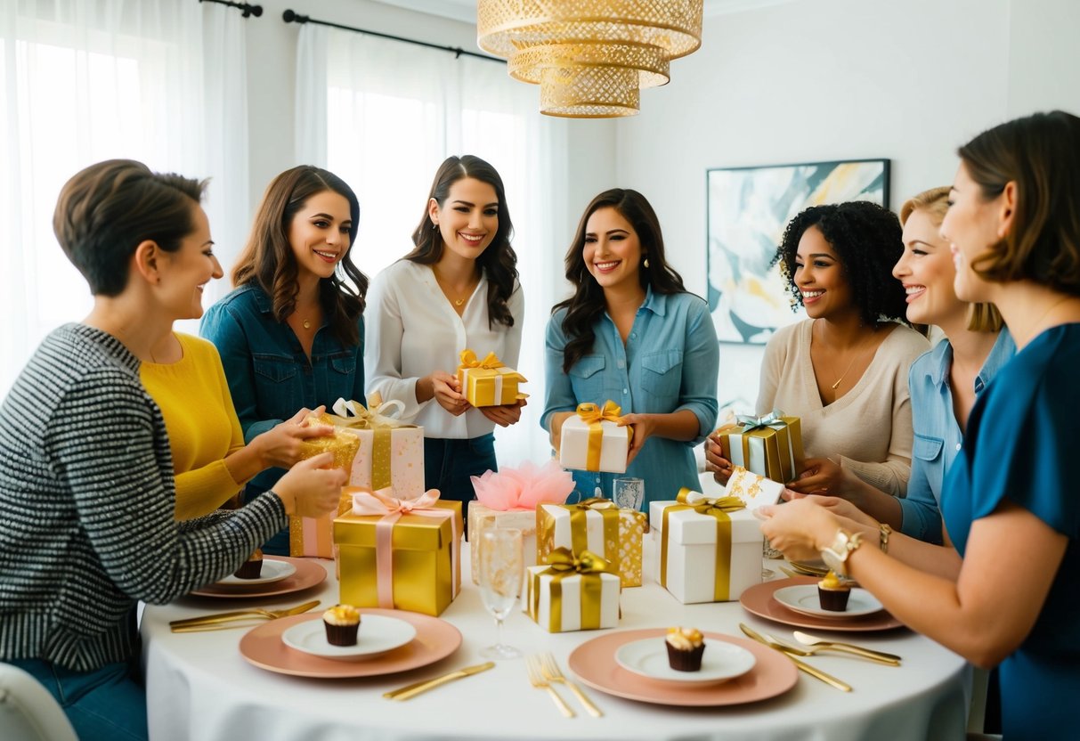 A group of friends gathered around a table, exchanging gifts and favors for a bridal shower