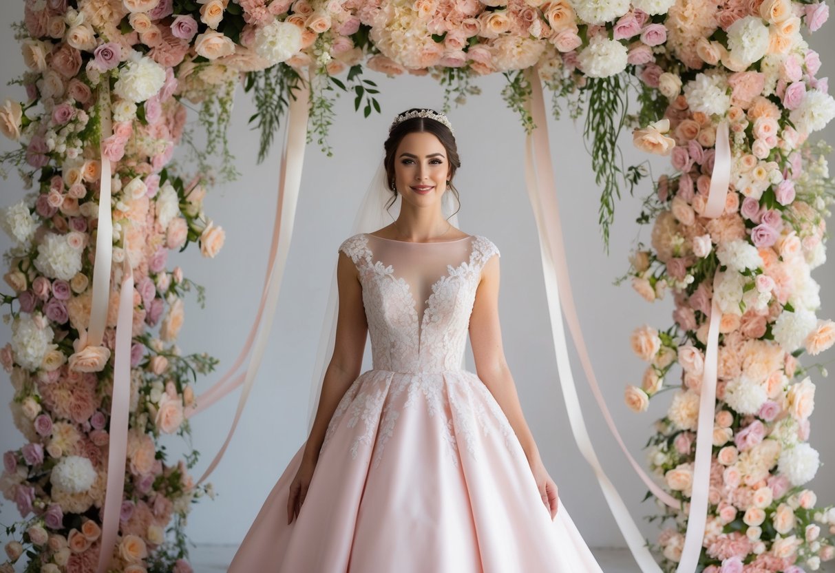 A bride surrounded by pastel-colored flowers and ribbons, wearing a soft pink or ivory gown for her bridal shower
