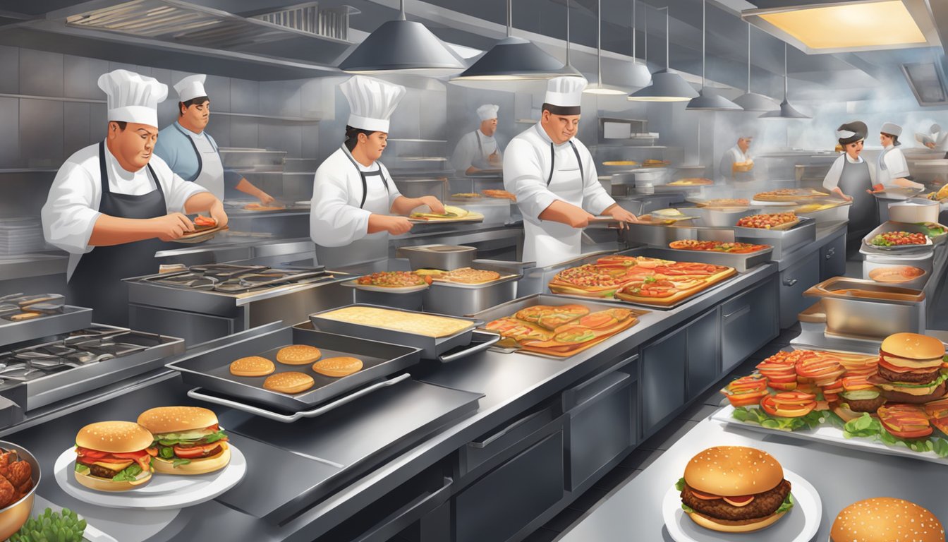 A bustling restaurant kitchen with sizzling grills, stacks of golden pancakes, and trays of succulent lobster rolls and juicy burgers