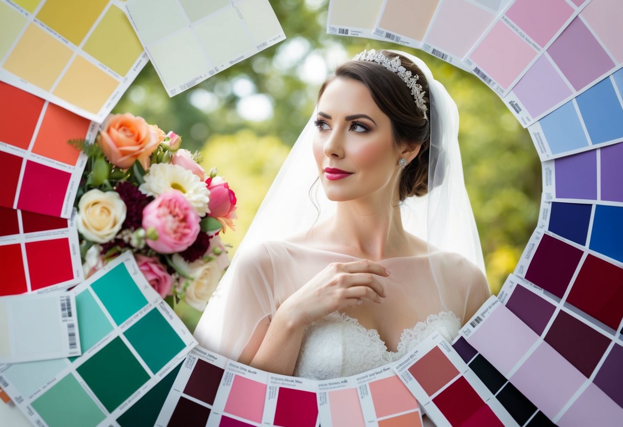 A bride surrounded by a variety of color swatches, contemplating which hue will best suit her for the bridal shower