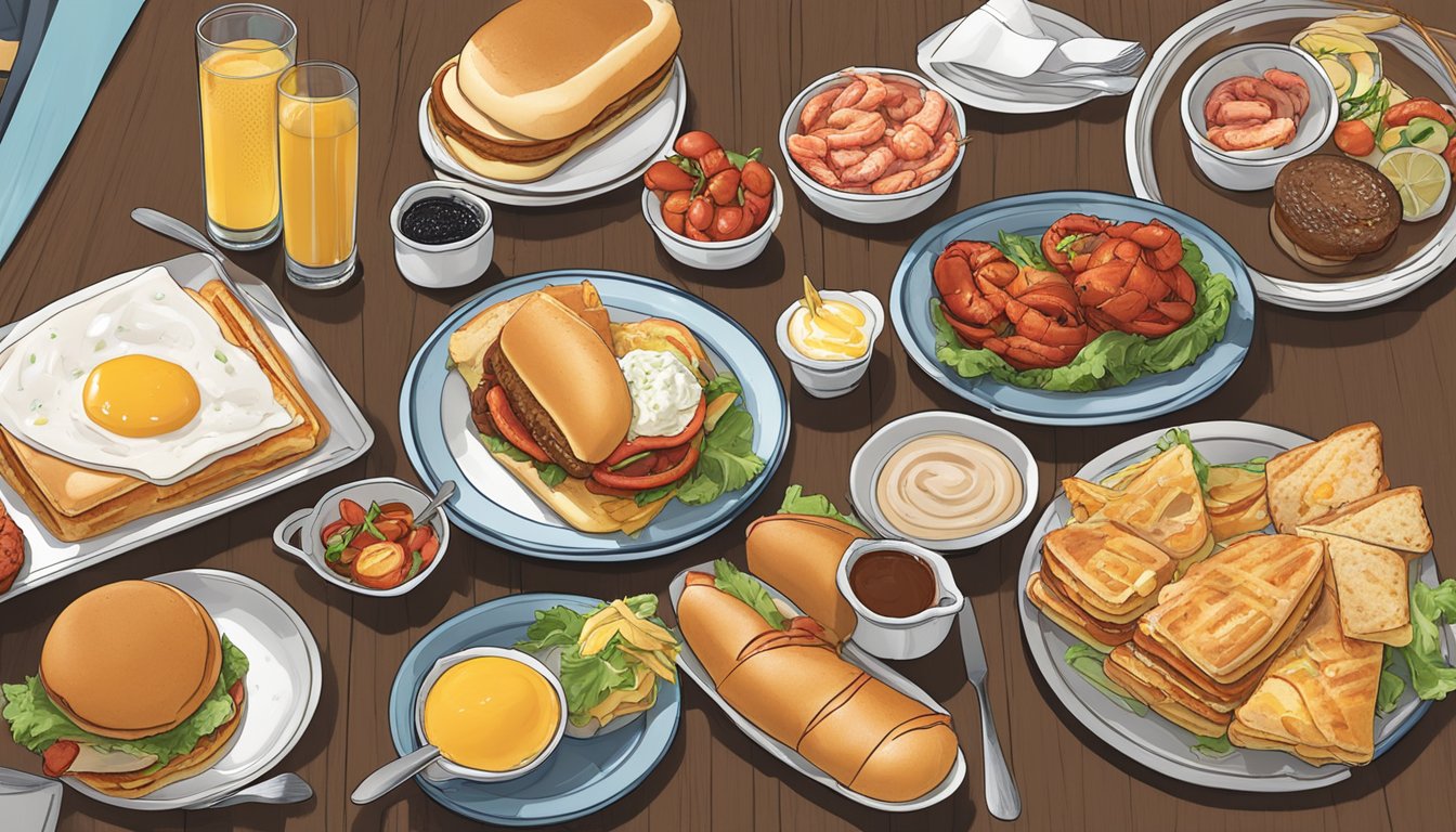 A table spread with breakfast dishes, lobster rolls, burgers, pancakes, and sandwiches at Jordan's restaurant