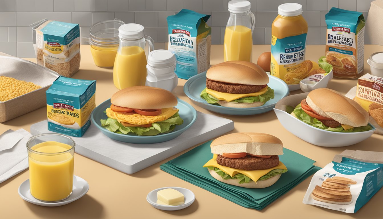 Various breakfast sandwich ingredients laid out on a kitchen counter next to the Jimmy Dean packaging and cooking instructions