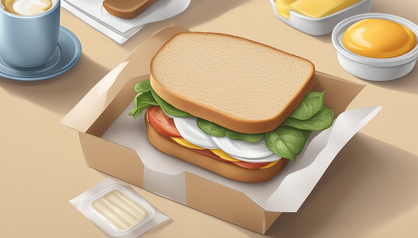 A breakfast sandwich package with clear dietary labels and ingredients laid out on a clean kitchen counter