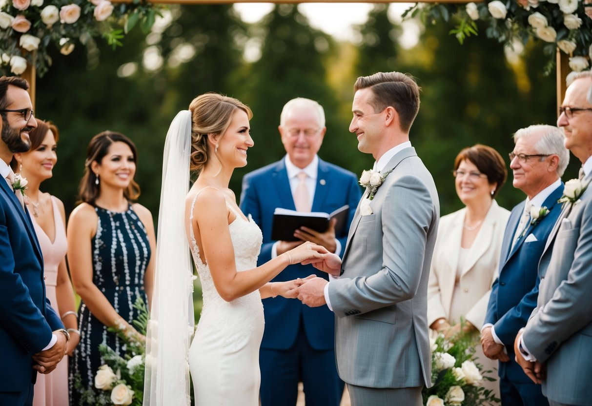 A bride and groom standing at an altar with family and friends watching, exchanging vows and rings