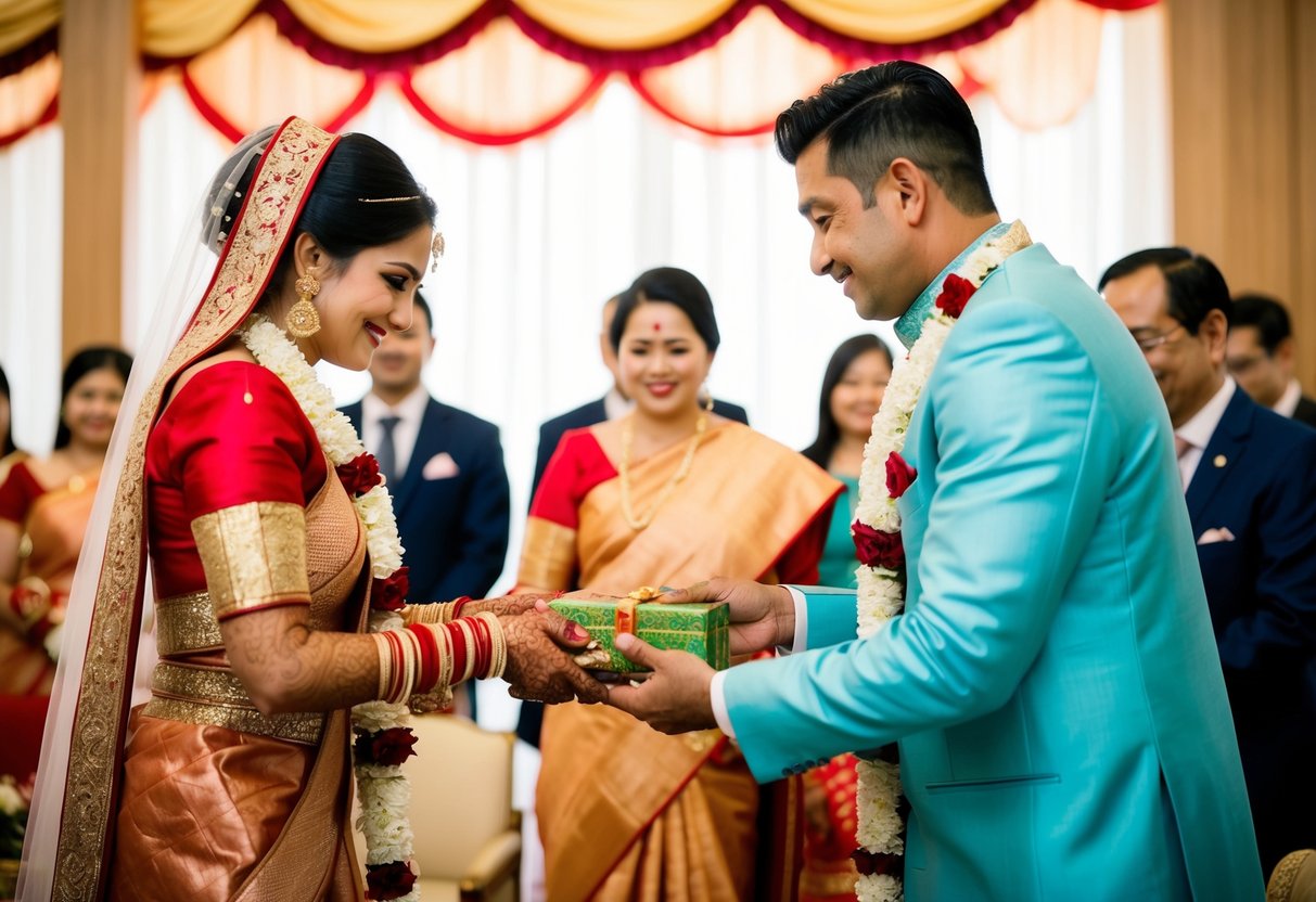 A bride and groom's families exchanging gifts and money at a traditional wedding ceremony