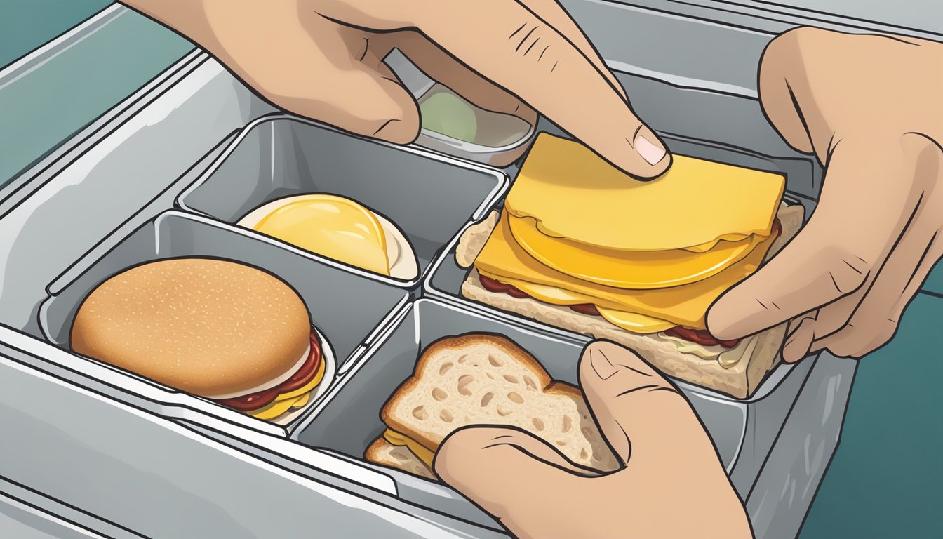 A hand reaching into a freezer and grabbing a Jimmy Dean breakfast sandwich box