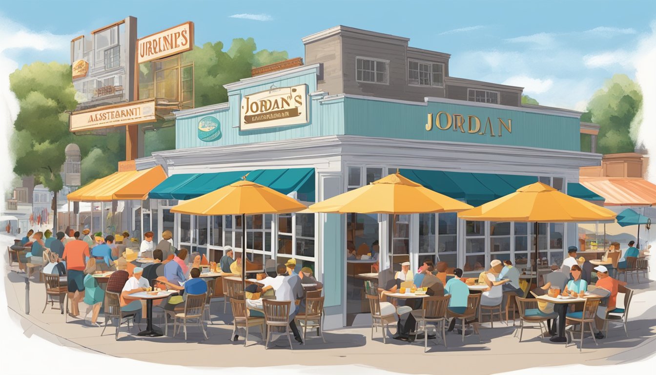 A bustling restaurant with outdoor seating, colorful umbrellas, and a sign displaying "Jordan's Restaurant." Tables are filled with customers enjoying breakfast, lobster rolls, burgers, pancakes, and sandwiches