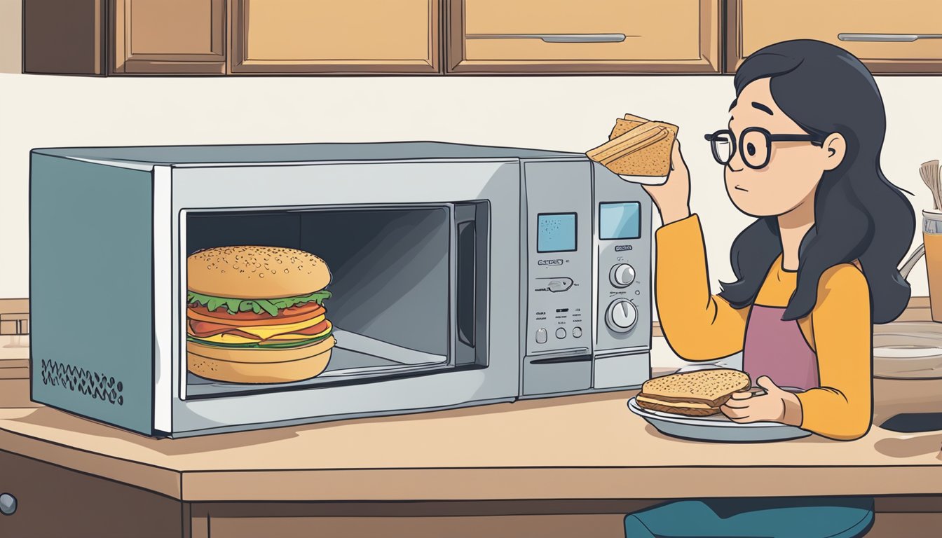 A person examining a microwave with a puzzled expression, a half-eaten breakfast sandwich on a plate, and an open instruction manual nearby