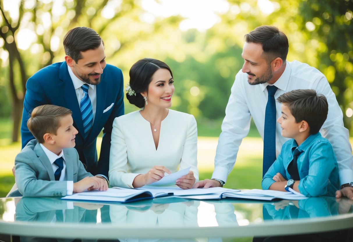 A couple and their families discussing wedding expenses and budgeting