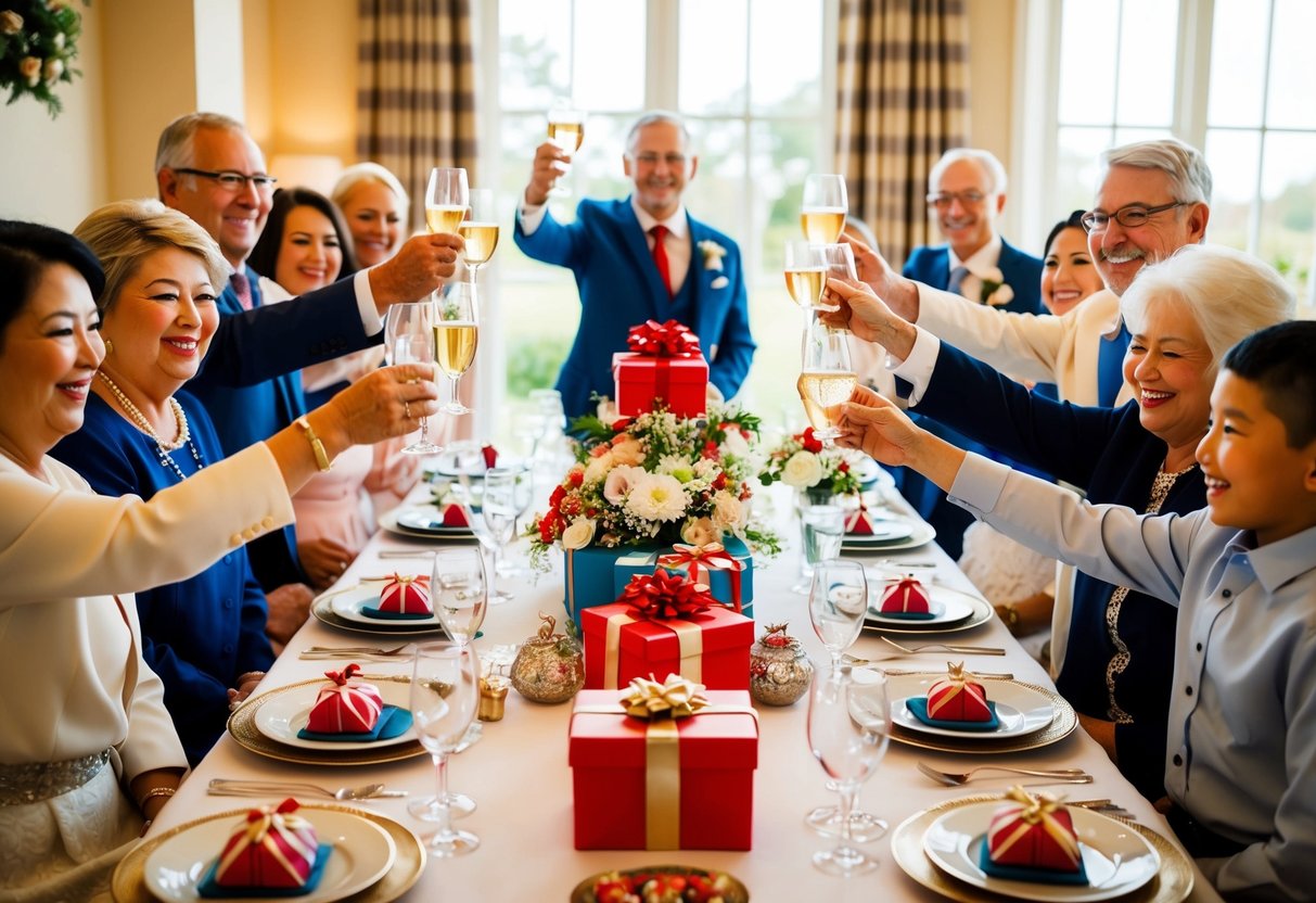 A festive table set with gifts, flowers, and traditional wedding items, surrounded by joyful family members raising their glasses in a toast