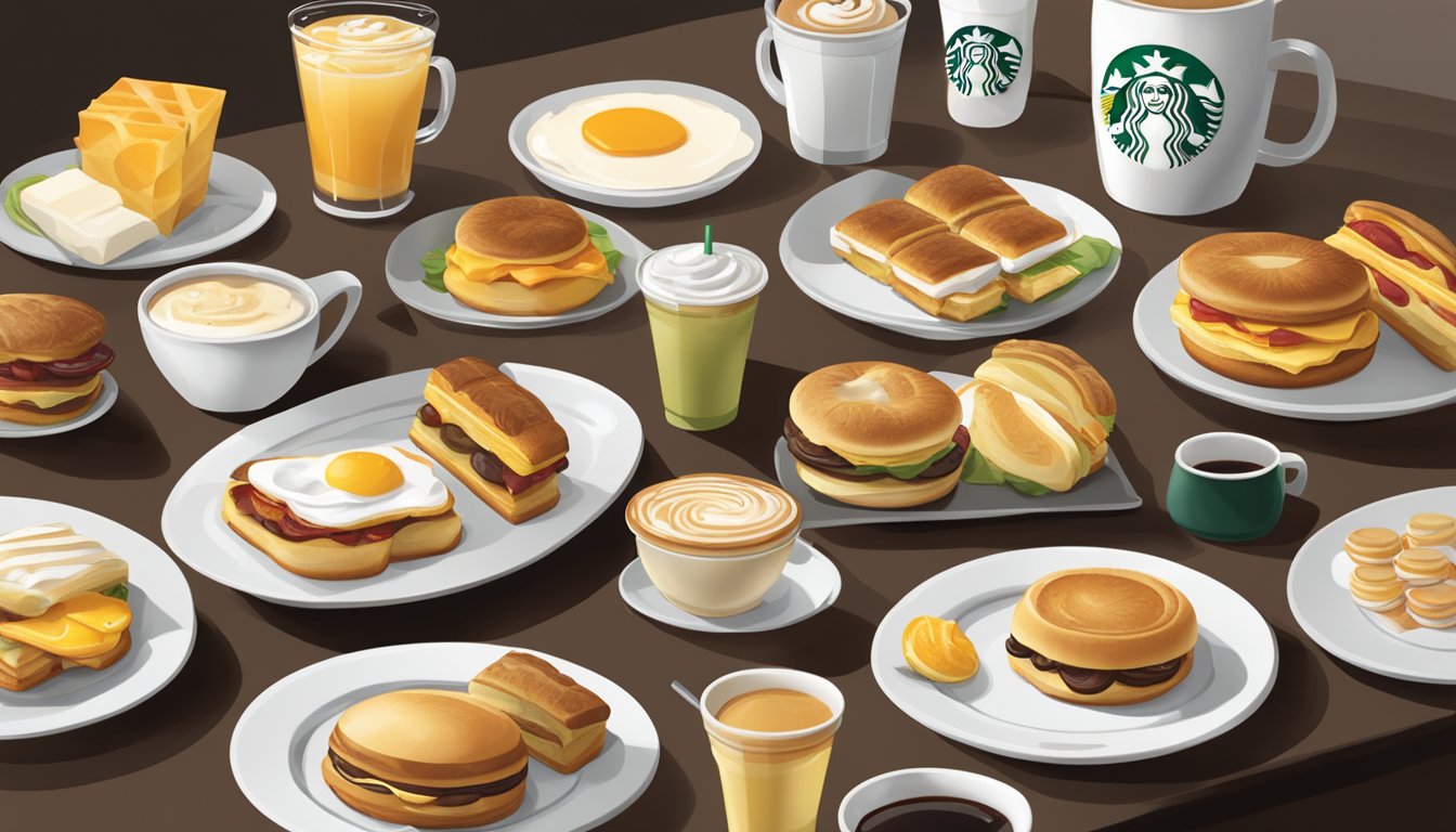 A table with a variety of Starbucks breakfast sandwiches, pastries, and beverages displayed on trays and plates