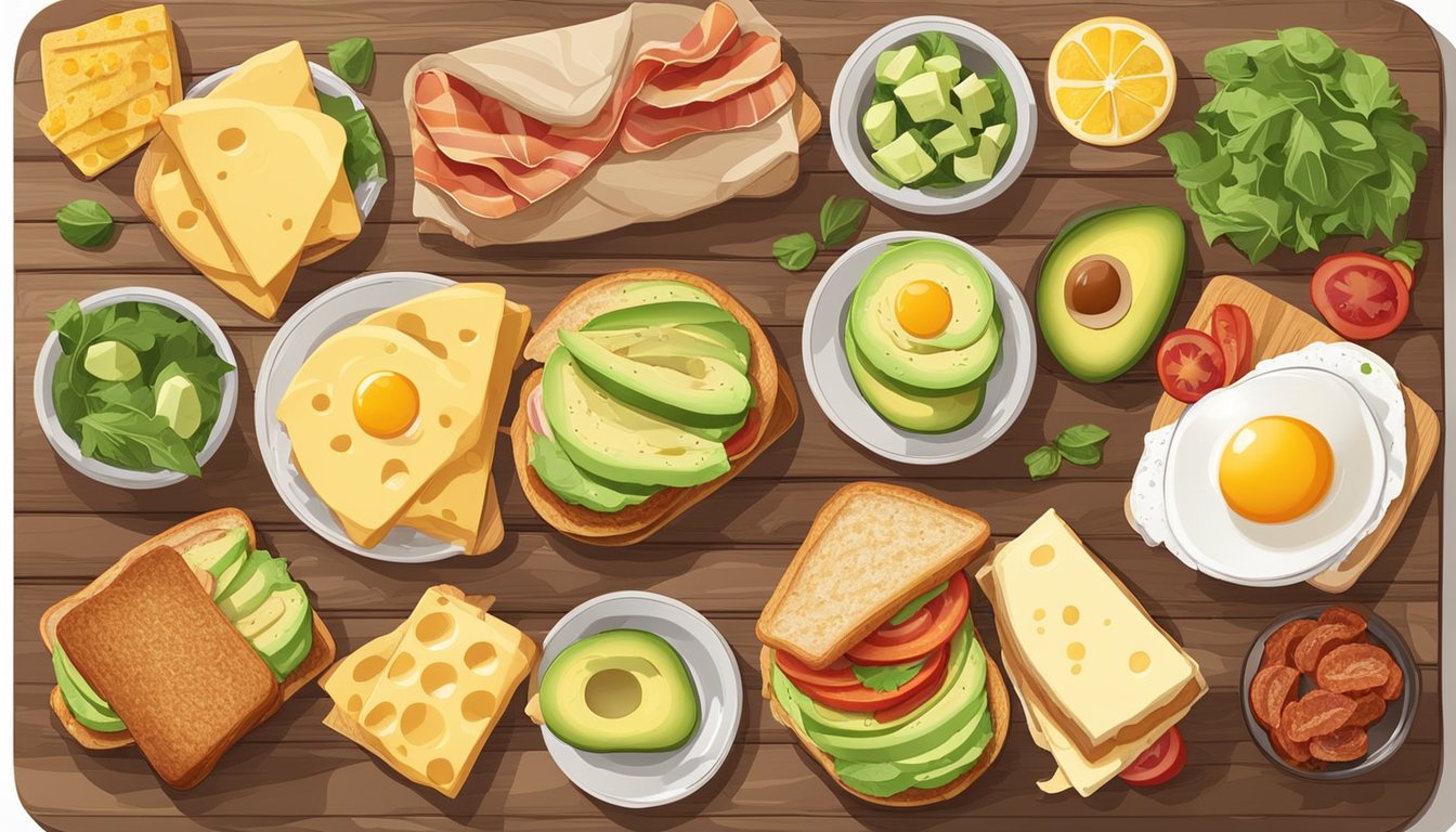 A variety of breakfast sandwiches arranged on a wooden cutting board, surrounded by fresh ingredients such as eggs, bacon, cheese, and avocado