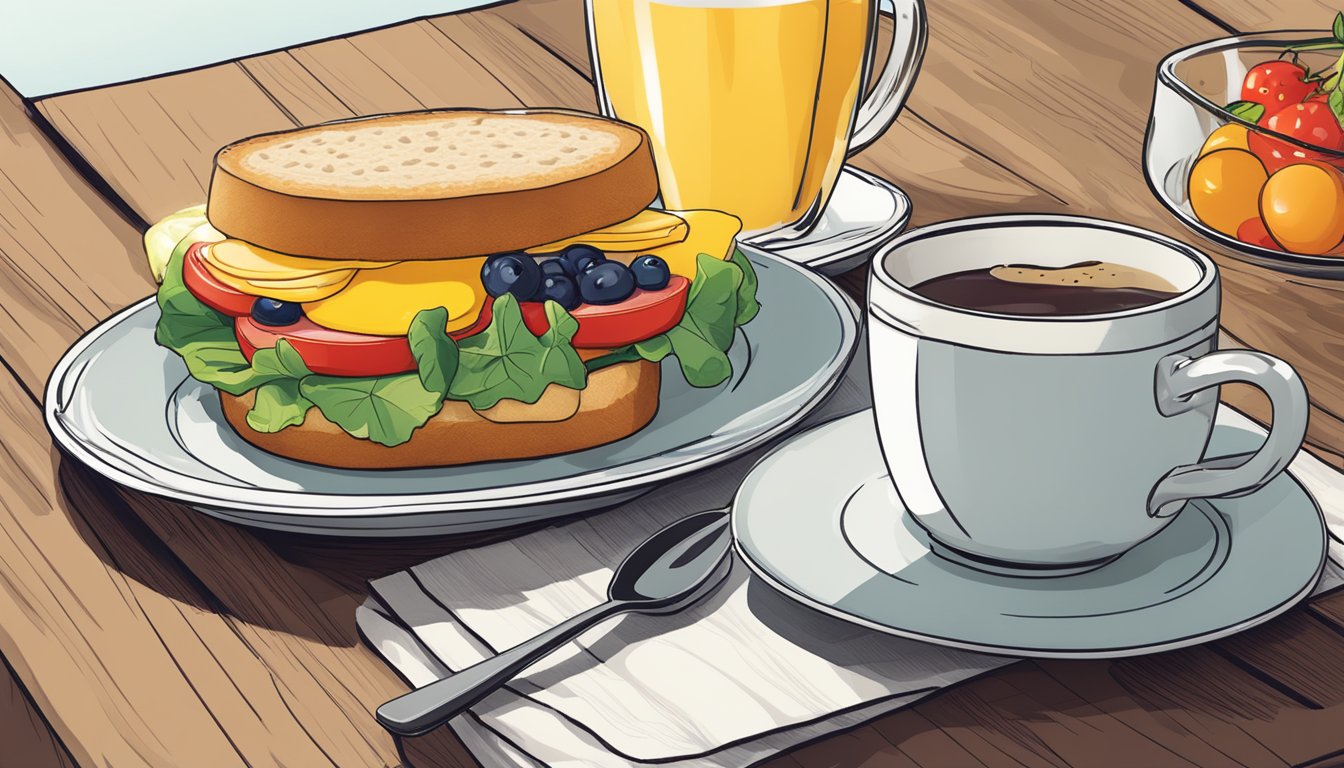 A breakfast sandwich sits on a plate with a side of fruit, a cup of coffee, and a napkin on a wooden table