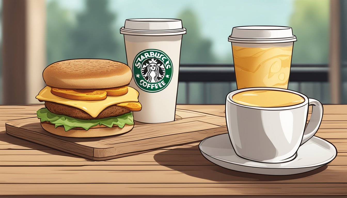 A Starbucks breakfast sandwich placed next to a steaming cup of coffee on a wooden table