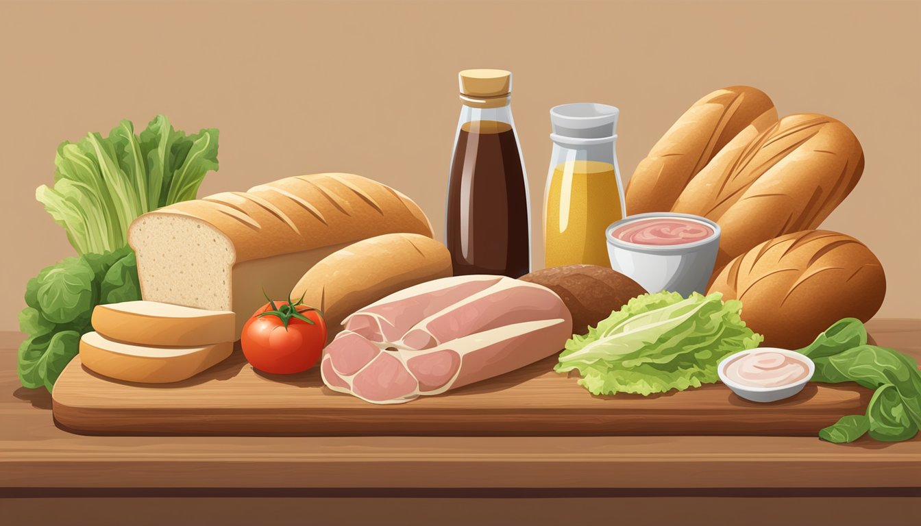 A variety of bread options displayed on a wooden cutting board, surrounded by ingredients like lettuce, tomatoes, and deli meats