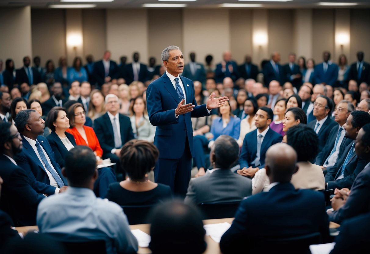 A figure stands at the center of a crowded room, surrounded by attentive listeners. The figure gestures confidently, addressing the group with a speech
