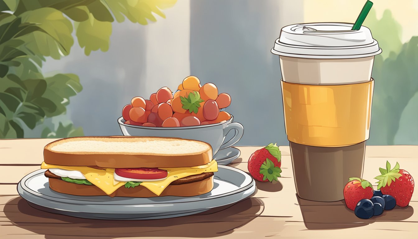 A Starbucks breakfast sandwich displayed on a plate with a side of fresh fruit and a steaming cup of coffee