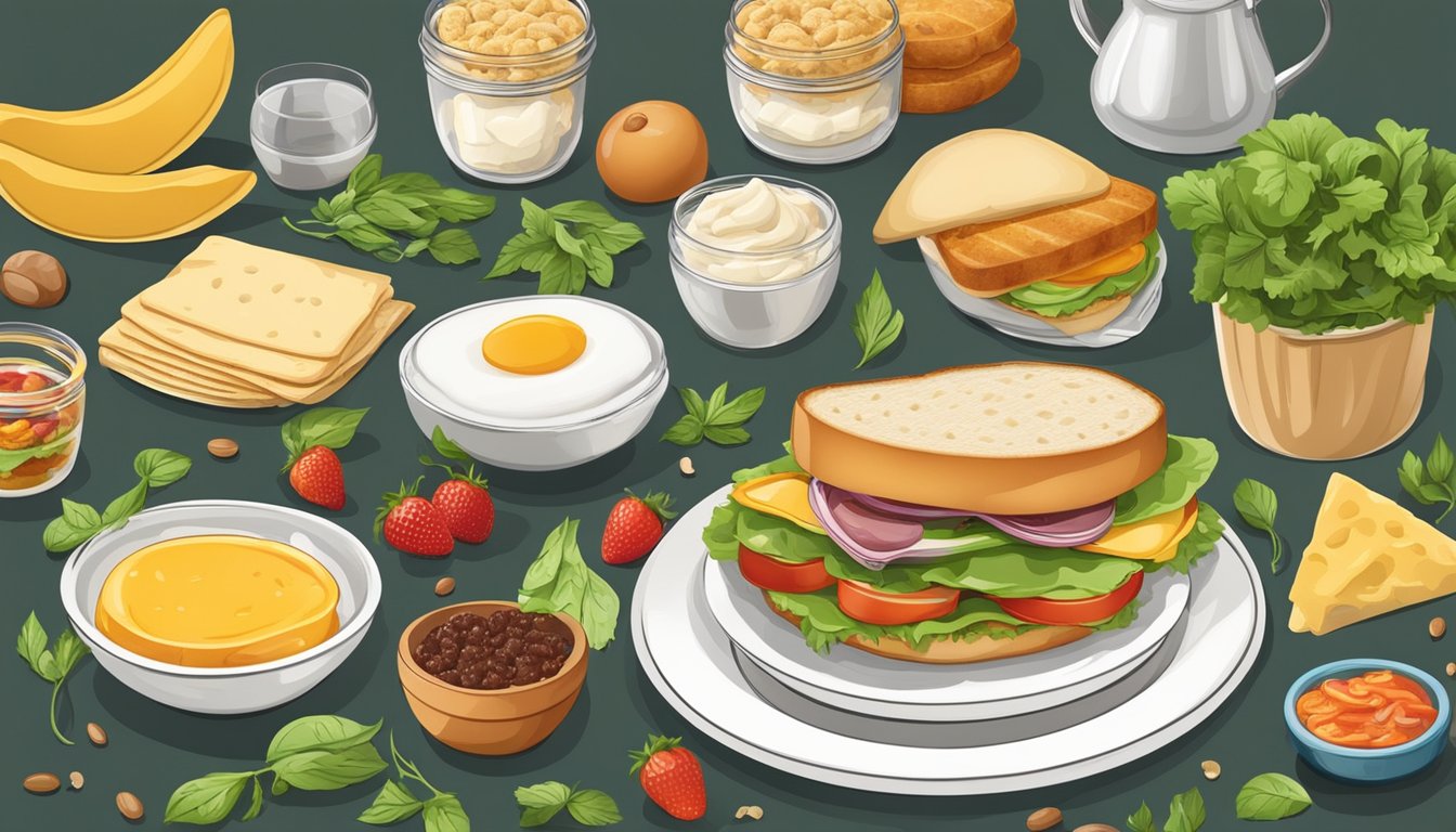 A table set with a variety of fresh ingredients and fillings for a breakfast sandwich