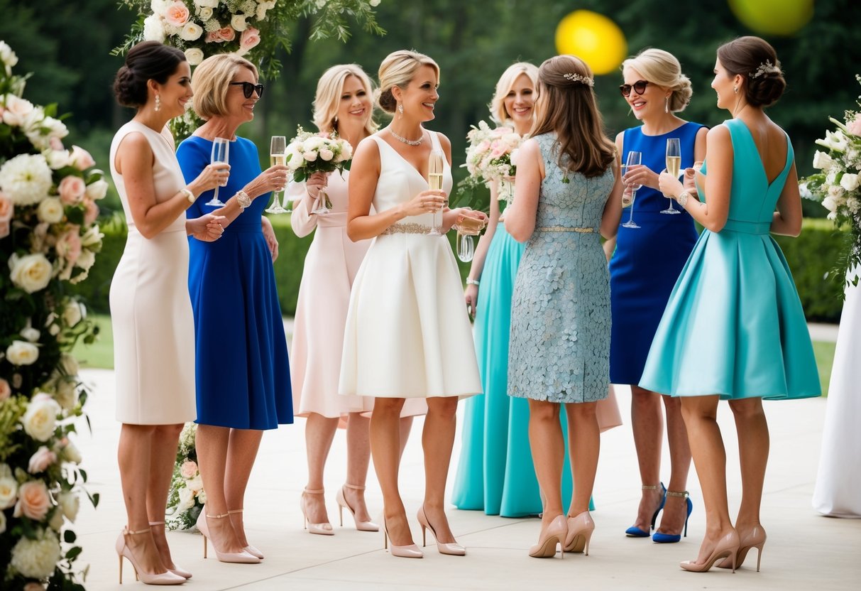 Women in elegant dresses and high heels mingle at a lavish outdoor wedding, sipping champagne and admiring the floral decorations