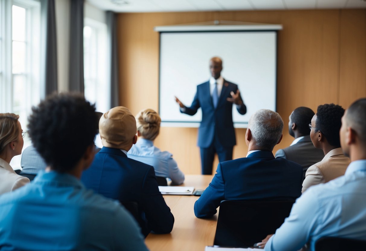 A figure stands at the front of the room, facing a group of attentive listeners. The figure gestures and speaks confidently, commanding the attention of the room