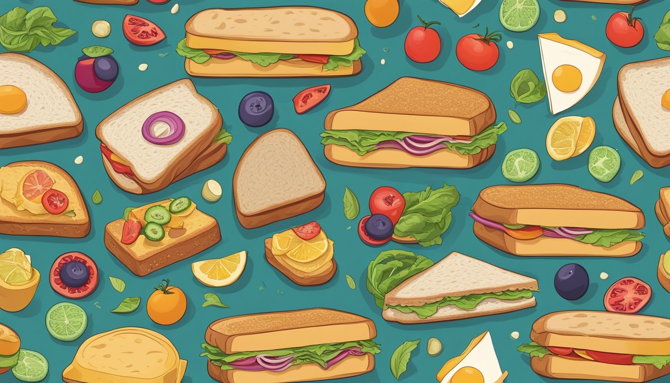 A sandwich with a variety of colorful and nutritious ingredients, surrounded by symbols representing different dietary considerations