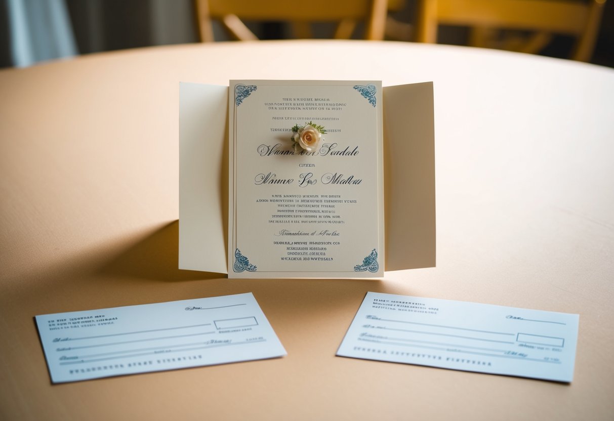 A wedding invitation placed on a table with two separate checks and a note from each parent
