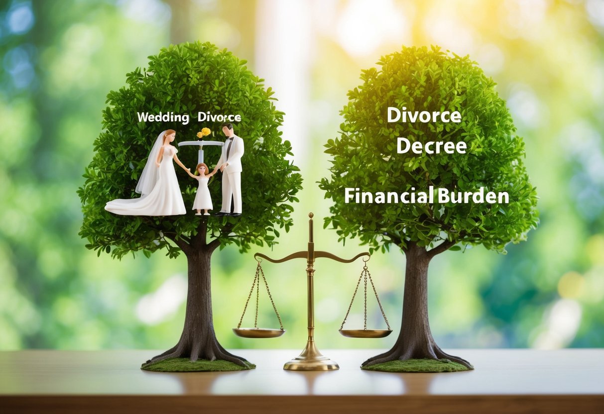 A split family tree with a wedding on one side and a divorce decree on the other, with a scale in the middle representing the financial burden