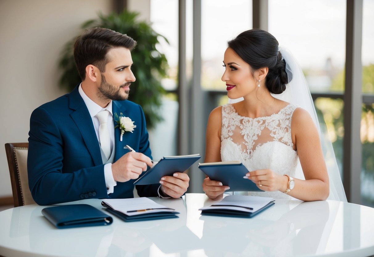 A man and a woman sitting at a table, each with a checkbook and pen, discussing wedding expenses
