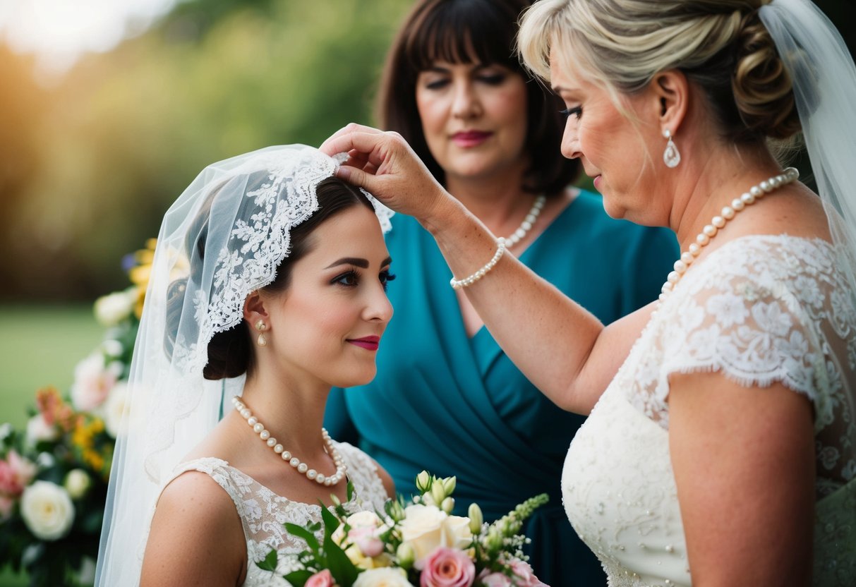 A mother places a delicate lace veil on her daughter's head, surrounded by a bouquet of fresh flowers and a string of pearls