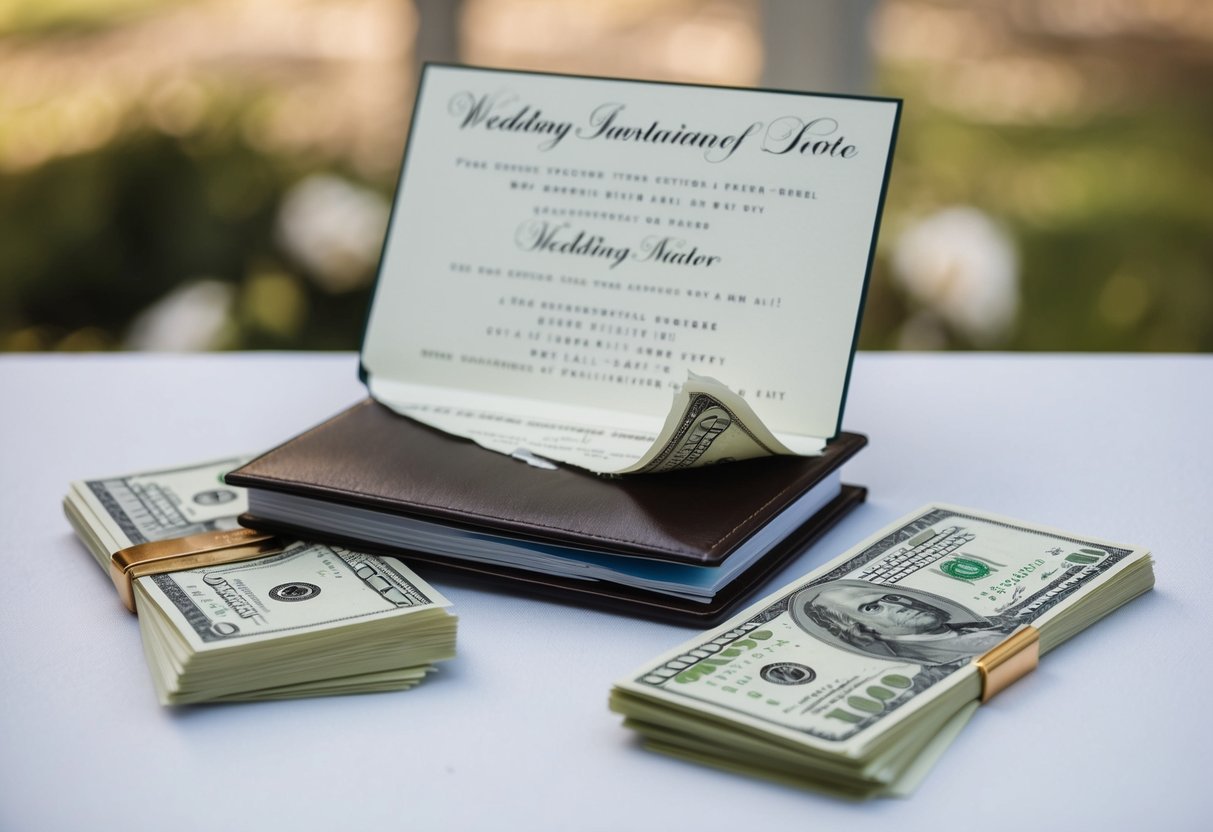 A wedding invitation torn in half, a checkbook on a table, two separate piles of money