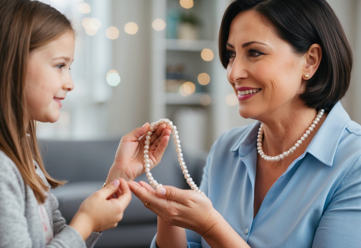 A mother presents her daughter with a delicate pearl necklace, symbolizing love and wisdom passed down through generations
