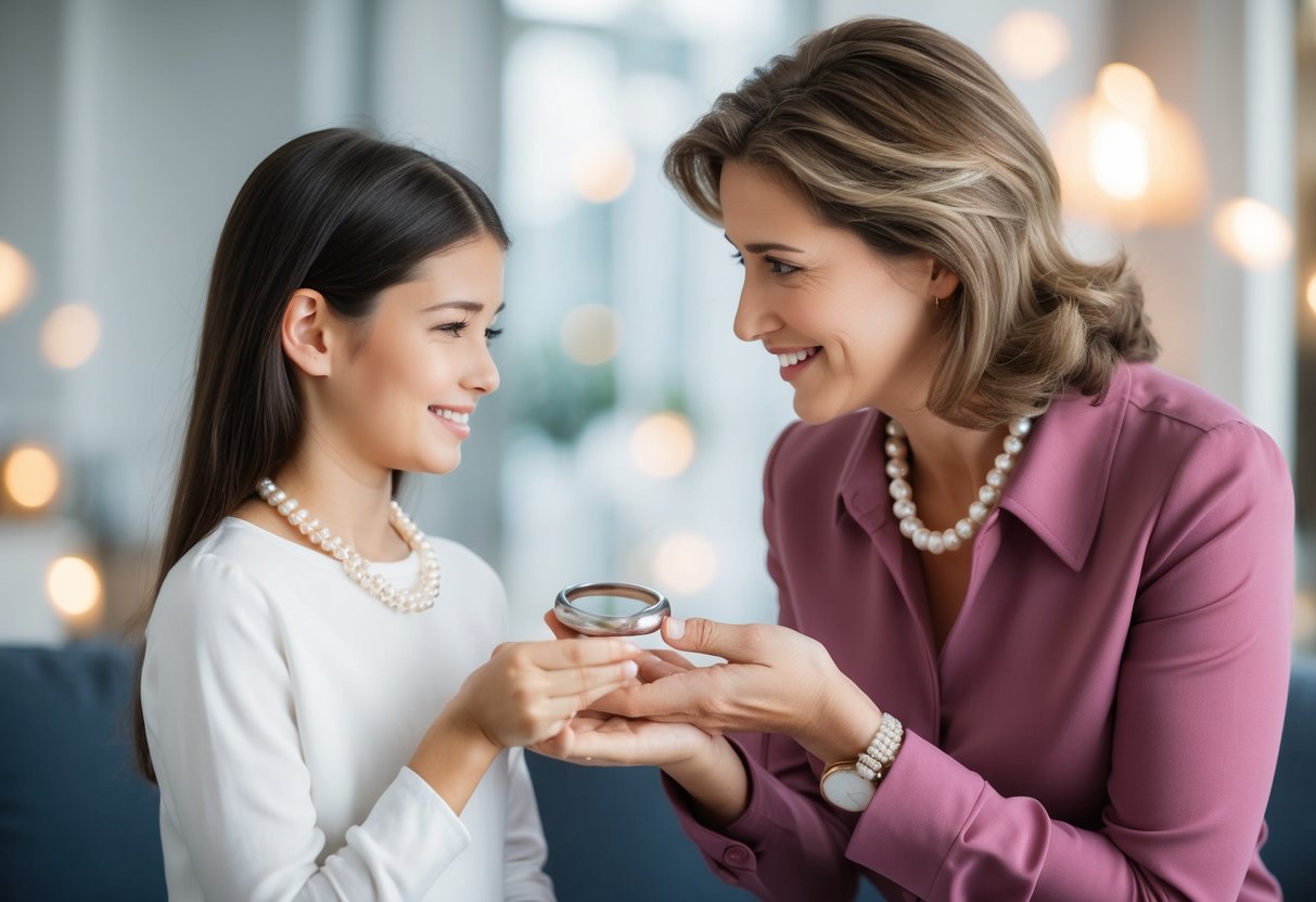A mother presenting her daughter with a delicate pearl necklace, while also handing her a modern, sleek piece of jewelry
