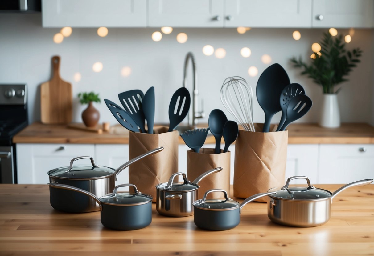 A beautifully wrapped set of high-quality kitchen utensils and cookware arranged on a countertop