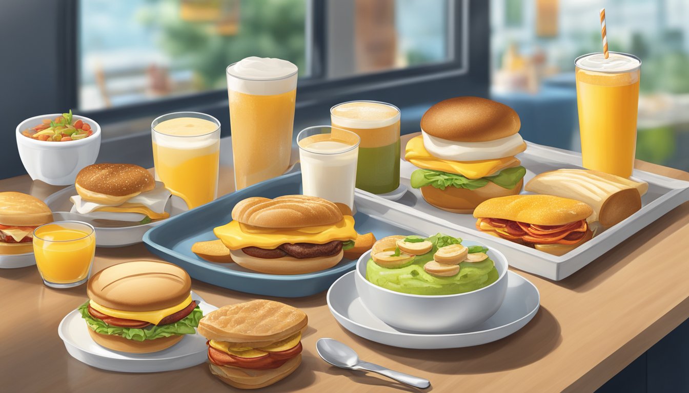 A tray of breakfast sandwiches and various beverage options displayed on a counter