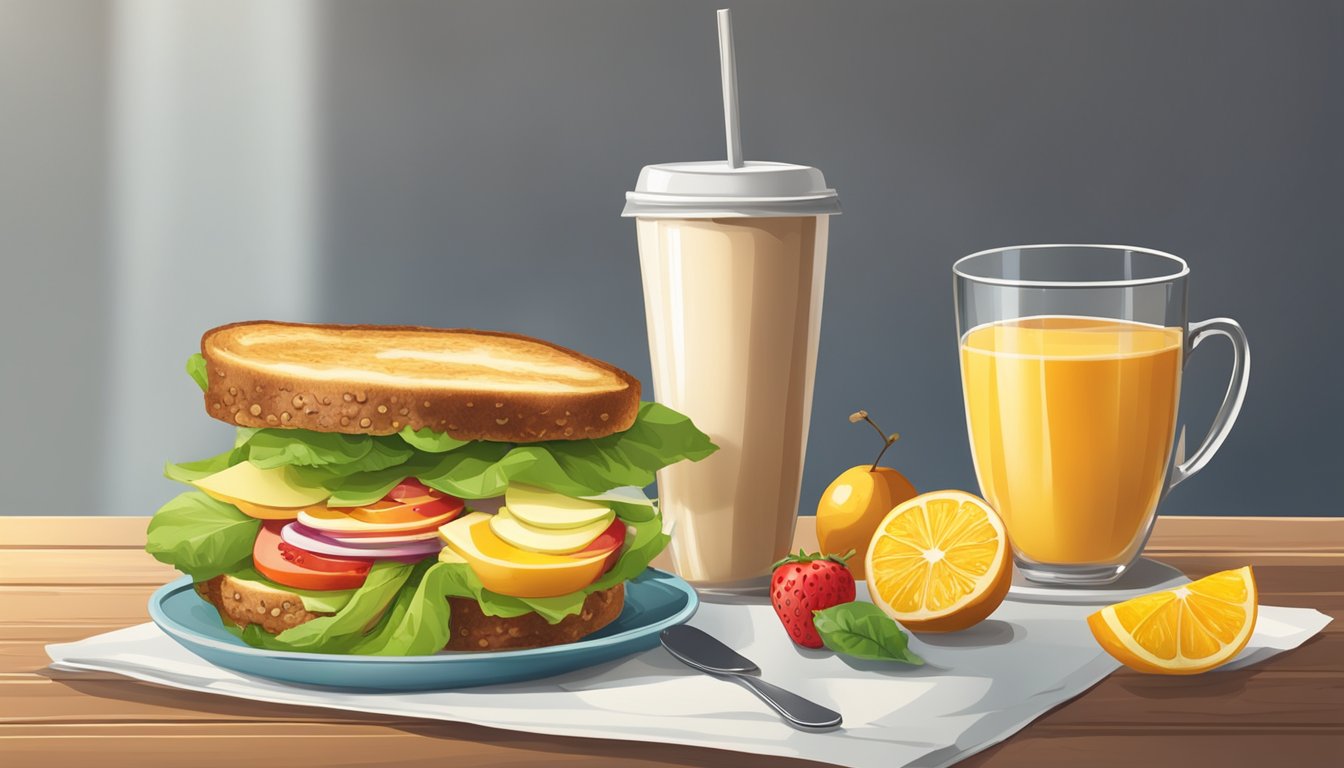 A breakfast sandwich surrounded by fresh fruits and a cup of coffee on a wooden table