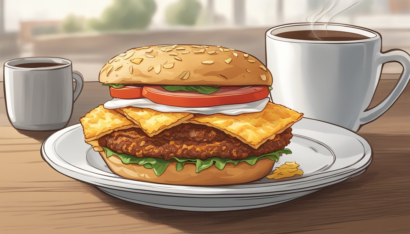 A freshly made Wendy's breakfast sandwich on a white ceramic plate, surrounded by a steaming cup of coffee and a side of crispy hash browns