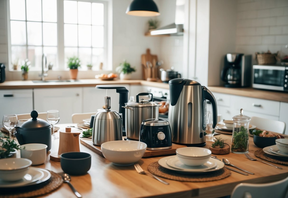 A table filled with kitchen gadgets, dinnerware, and home appliances