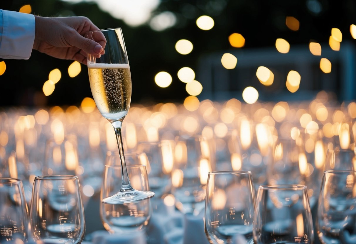 A champagne glass raised in a sea of clinking glasses
